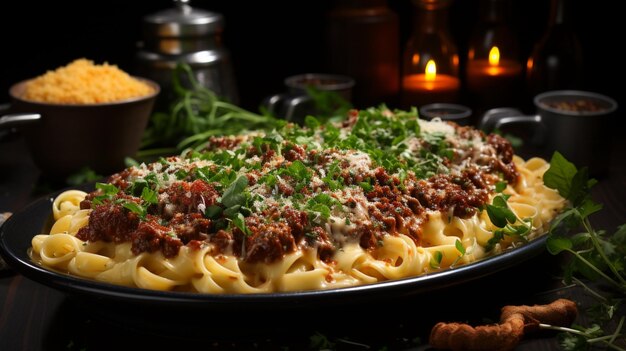 Un delicioso plato de pasta con carne y queso.