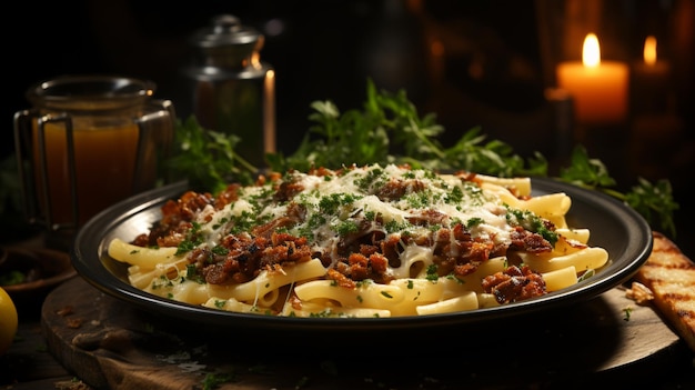 Un delicioso plato de pasta con carne y queso.