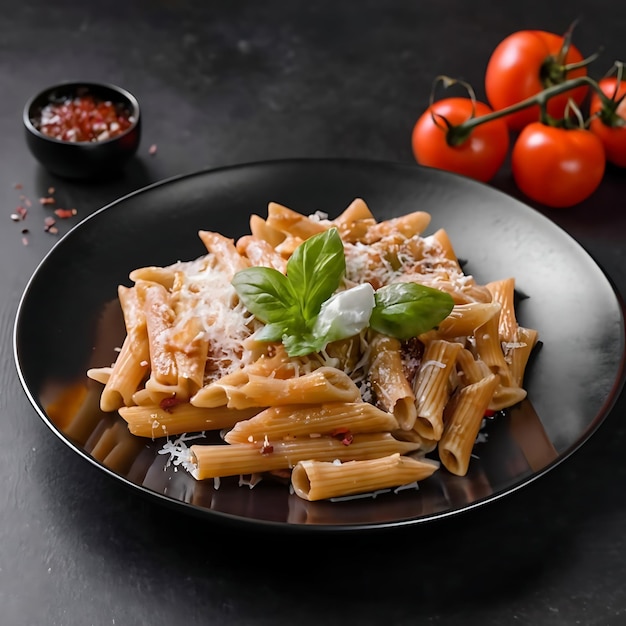 Delicioso plato de pasta con salsa sobre fondo oscuro Perfecto para la comida y los temas de la cocina italiana