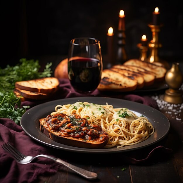 Foto un delicioso plato de pasta con un vaso de vino tinto