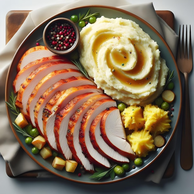 Delicioso plato de pavo en rodajas y puré de patatas con fondo blanco