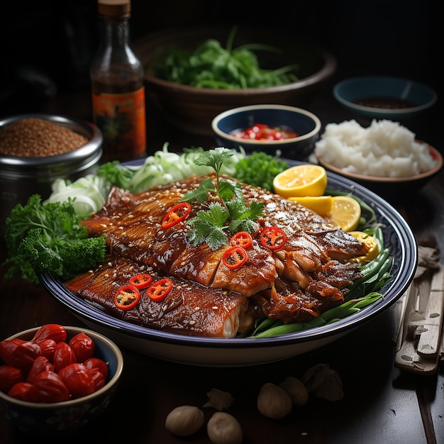 Delicioso plato de pescado cocido con canela