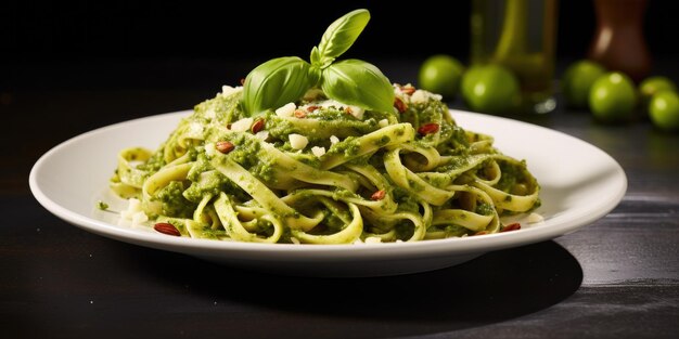 Foto delicioso plato de pesto fettuccine tentadoramente aislado en un fondo transparente donde la vibración