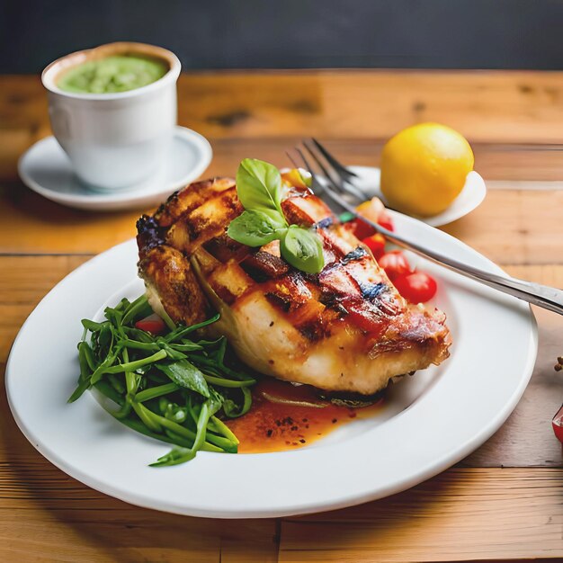 Foto delicioso plato de pollo a la parrilla con papas fritas y ensalada