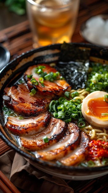 Un delicioso plato de ramen con huevo de cerdo y verduras