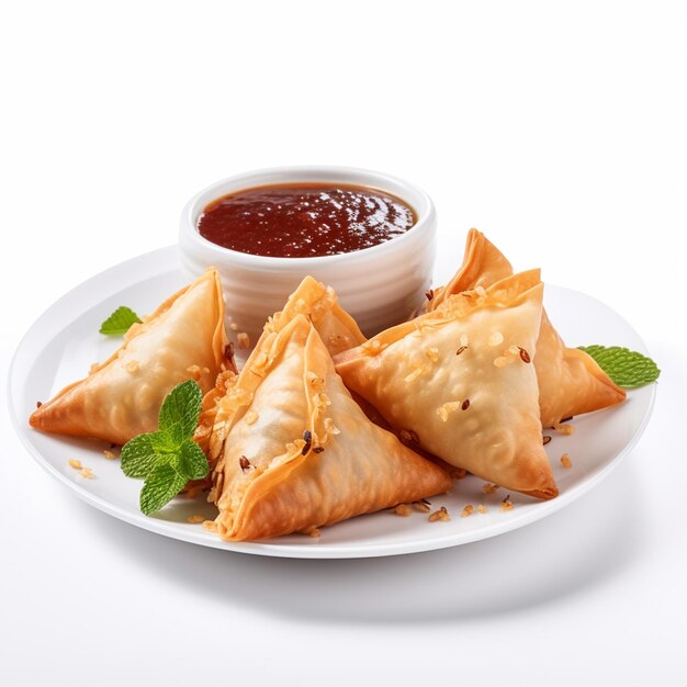 Un delicioso plato de samosa con chutny aislado sobre un fondo blanco