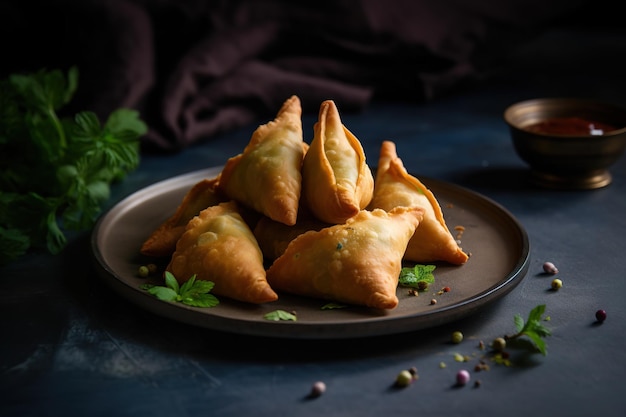 delicioso plato de samosas indias sobre fondo oscuro