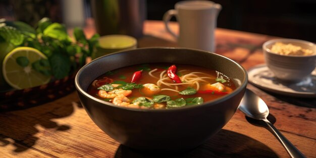 Delicioso plato de sopa tom yum en el restaurante generativo de Tailandia