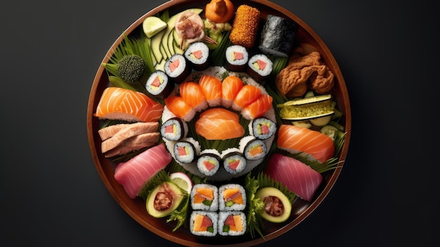 Delicioso plato de sushi japonés con espacio para copiar AI generado