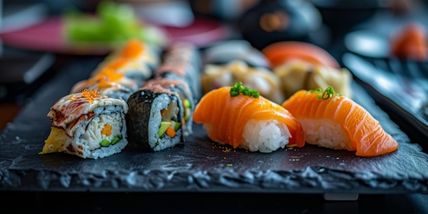 Foto delicioso plato de sushi con luces bokeh vibrantes ia generativa