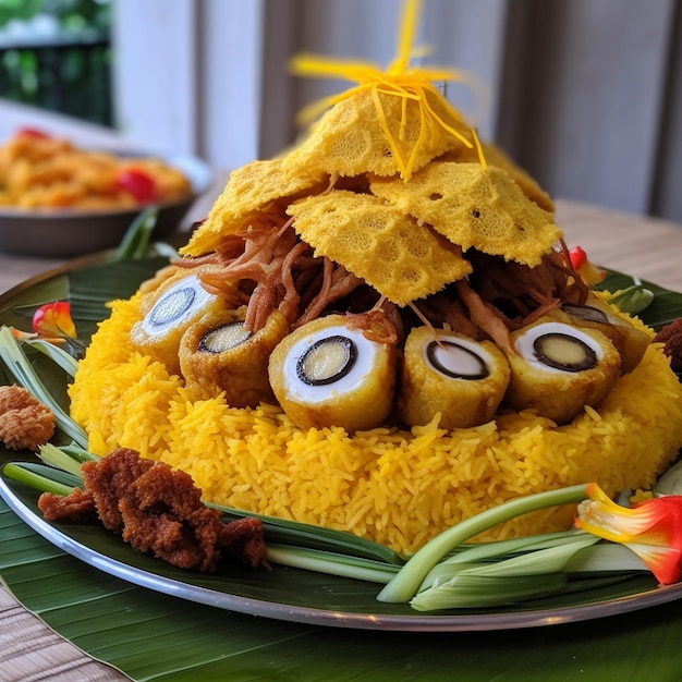 Delicioso plato tradicional indonesio Tumpeng Nasi kuning para la ceremonia