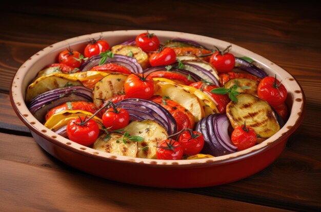 Delicioso plato de verduras al horno sobre una mesa de madera IA generativa