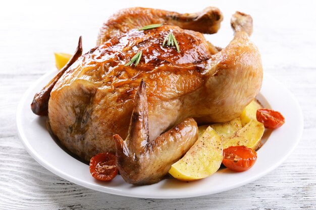 Delicioso pollo al horno en un plato en primer plano de la mesa