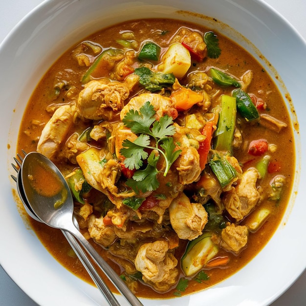 Delicioso pollo casero con curry en un tazón blanco
