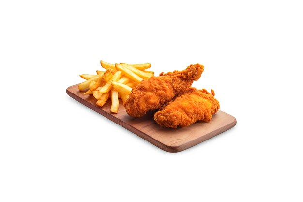 Delicioso pollo frito crujiente y papas fritas en una tabla de madera rectangular