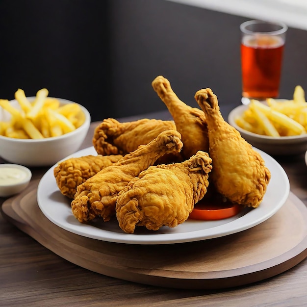 Delicioso pollo frito con papas fritas aisladas sobre un fondo transparente