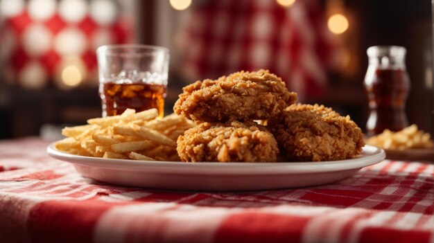 delicioso pollo frito y papas fritas en un plato blanco con cola como fondo