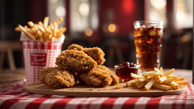 Foto delicioso pollo frito y papas fritas en un plato blanco con cola como fondo