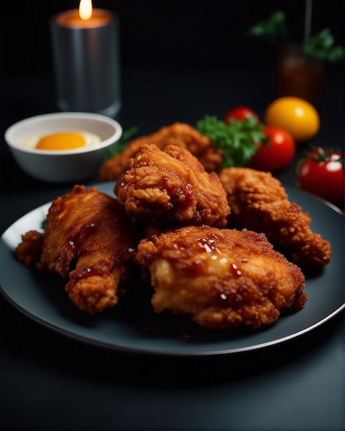 Delicioso pollo frito en el plato con fondo oscuro