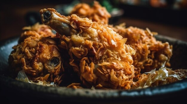 Foto delicioso pollo frito en una tabla de madera con fondo negro