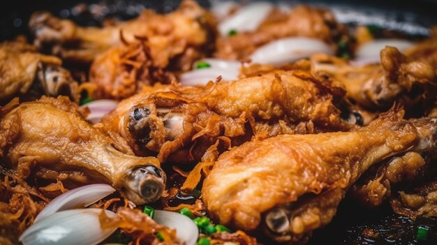 Foto delicioso pollo frito en una tabla de madera con fondo negro