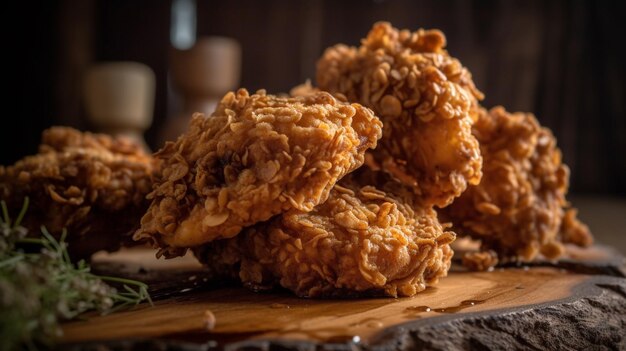 Delicioso pollo frito en una tabla de madera con fondo negro