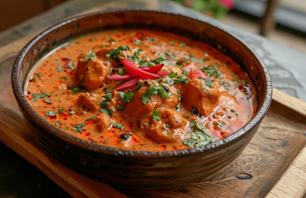 Delicioso pollo Korma Tikka con una textura emocionante y una atmósfera intensa