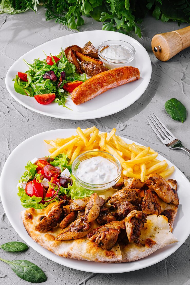 Delicioso pollo a la parrilla y salchichas con ensalada fresca y papas fritas
