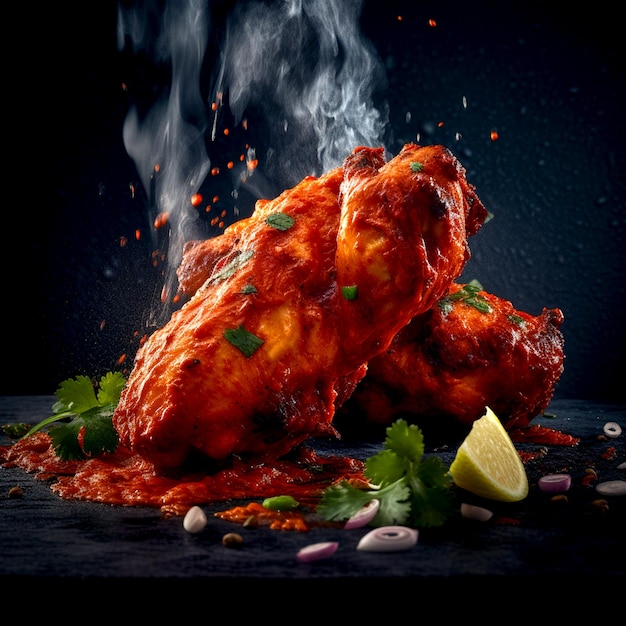 Delicioso pollo tandoori caliente con humo