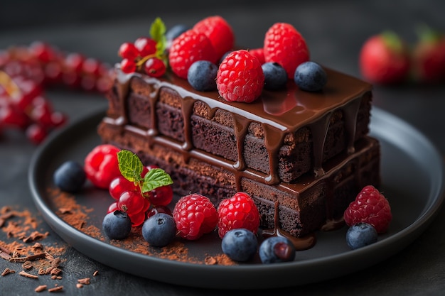 Delicioso postre de chocolate adornado con bayas frescas en un plato oscuro IA generativa