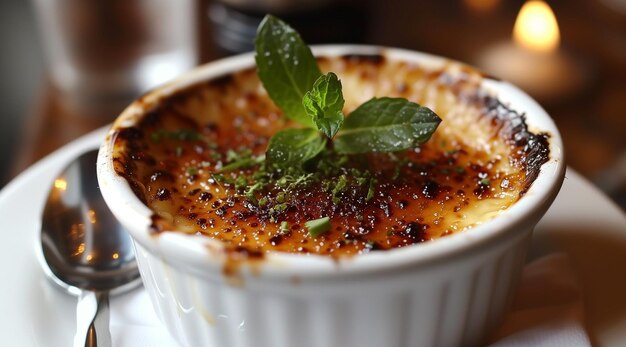 Delicioso postre de creme brulee servido con bayas frescas y menta