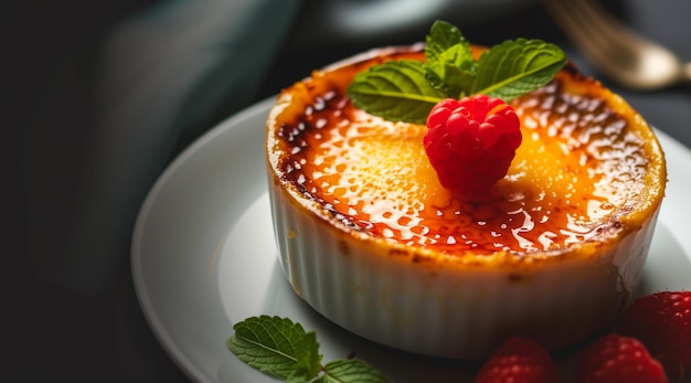 Foto delicioso postre de creme brulee servido con bayas frescas y menta