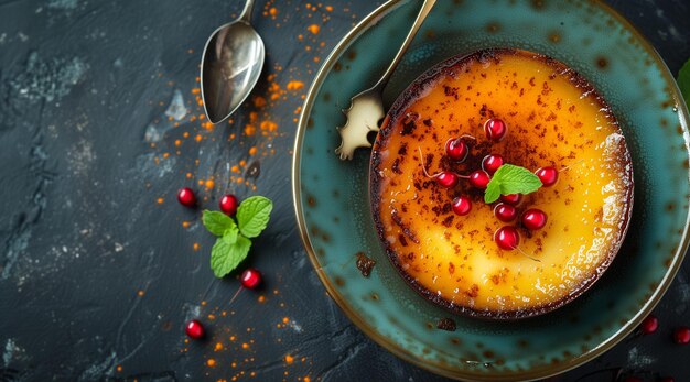 Delicioso postre de creme brulee servido con bayas frescas y menta