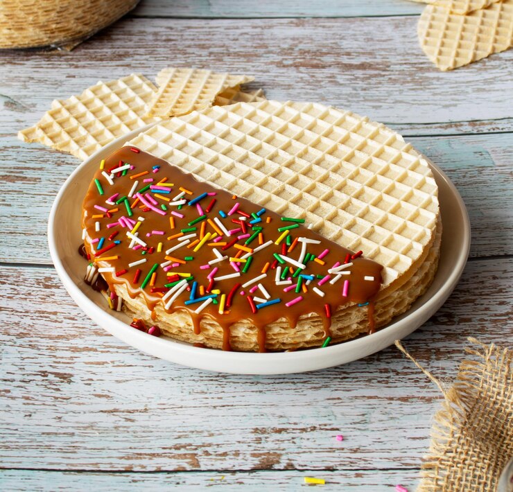 Delicioso postre de obleas de caramelo con salpicaduras de colores