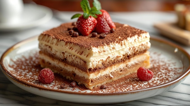 Delicioso postre de tiramisu con fresas y chocolate