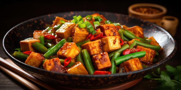 Delicioso prato asiático de legumes Tofu frito saudável com legumes verdes e molho tailandês picante em um prato branco