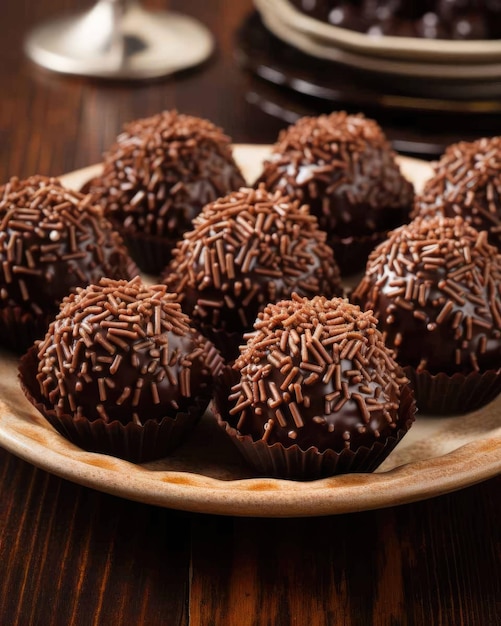 Foto delicioso prato de comida brasileira brigadeiro com fundo de estúdio escuro