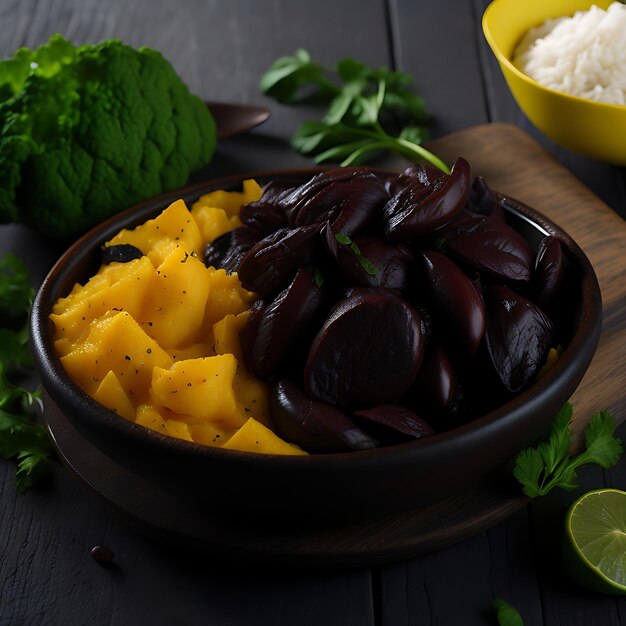 Delicioso prato de comida brasileira Caruru com fundo escuro de estúdio