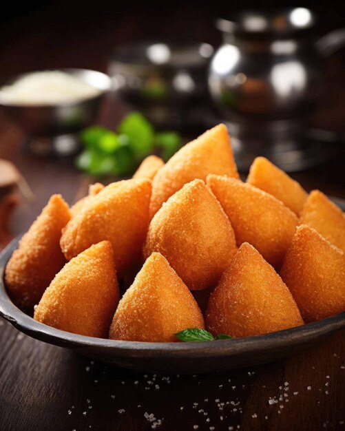 Delicioso prato de comida brasileira Coxinhas com fundo de estúdio escuro