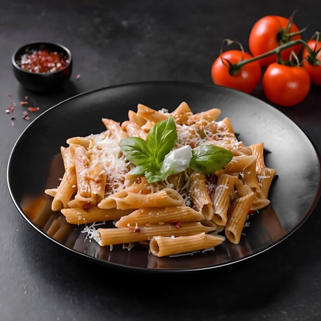 Delicioso prato de macarrão com molho em fundo escuro Perfeito para temas de comida e culinária italiana