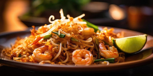 Delicioso prato de macarrão tailandês em um restaurante tailandês generativo ai