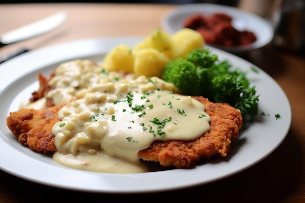 Foto delicioso prato de molho de cogumelos de schnitzel de porco gerar ai