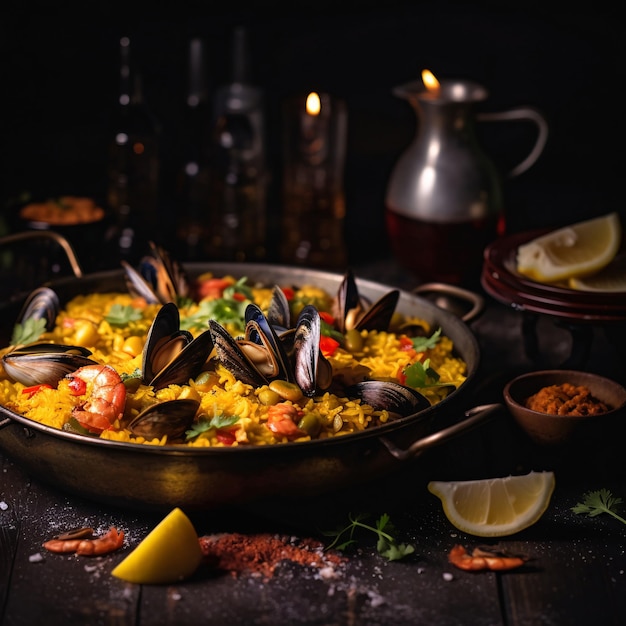 Delicioso prato de paella com mexilhões e camarão gerado por IA