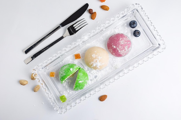 Delicioso primer plano de mochi. Postre tradicional japonés