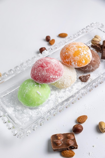 Delicioso primer plano de mochi. Postre tradicional japonés