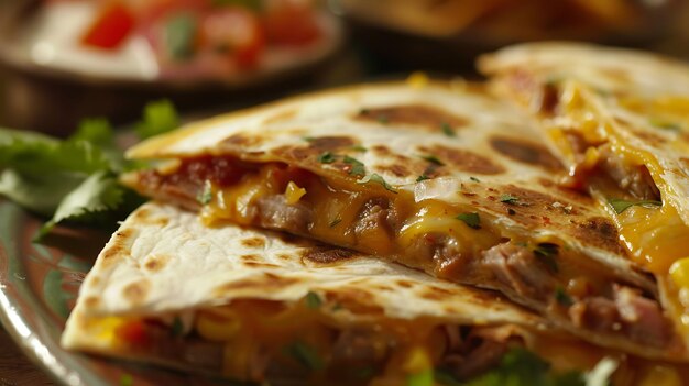 Un delicioso primer plano de una quesadilla con queso derretido carne jugosa y verduras frescas