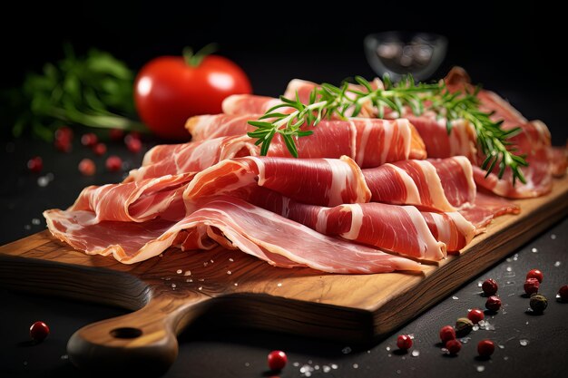 Delicioso prosciutto italiano sobre tabla de madera