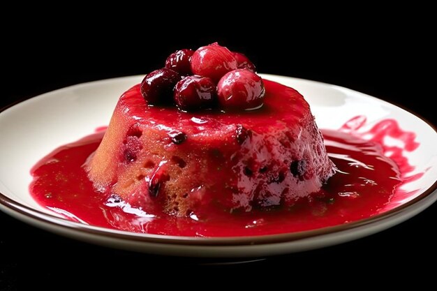 Foto delicioso pudim de cranberry em um prato ilustração de fundo preto generativo ai