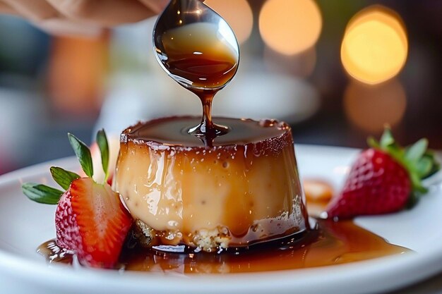 Delicioso pudim de leite condensado num prato branco alguém a derramar molho de caramelo