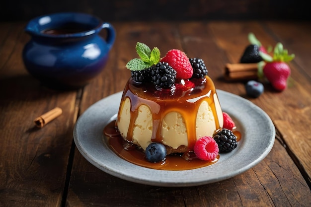 delicioso pudín con caramelo y frambuesas en la mesa gris contra un fondo negro